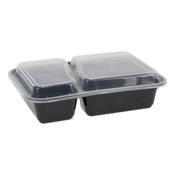 30 oz. Black 2-Compartment Rectangular Microwavable Heavy Weight Container with Lid - (150/case)