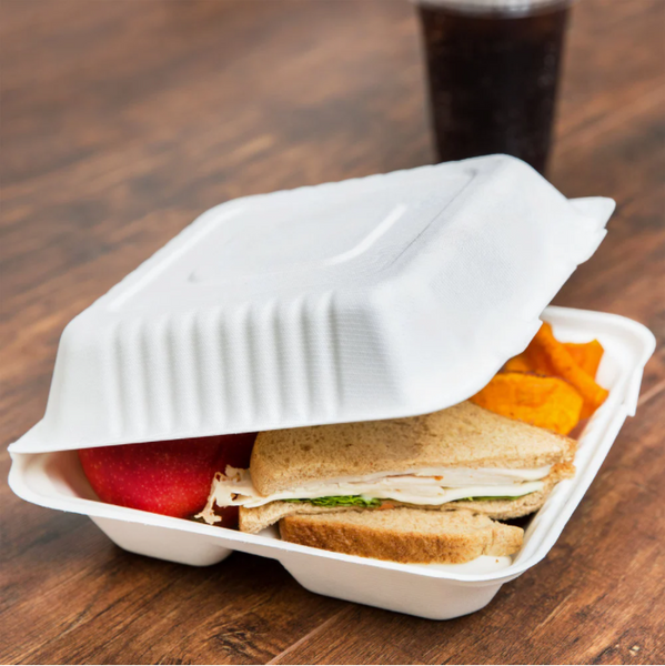 Biodegradable Bagasse 8" x 8" x 3" Take-Out (3 Compartment) Container - (200/case)