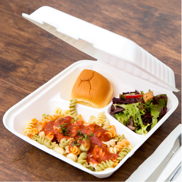Biodegradable Bagasse 9" x 9" x 3" Take-Out (3 Compartment) Container - (200/case)